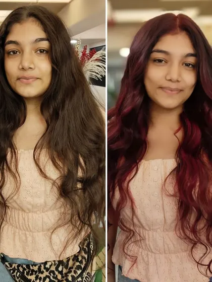 A bold before and after that showcases the power of a vibrant hair color. This transformation to a stunning red is for anyone ready to make a statement and turn heads.