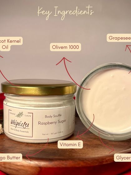 A look at the key ingredients in our Body Soufflé, including Mango Butter, Apricot Kernel Oil, Grapeseed Oil, and Olivem 1000, a natural emulsifier.