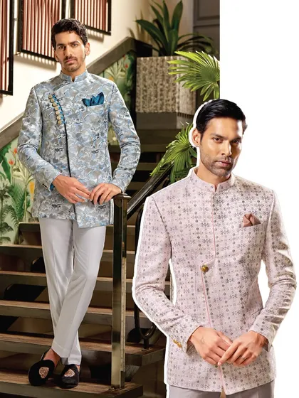 Two contemporary takes on the bandhgala jacket. One features a striking blue floral pattern with an asymmetric design, while the other offers a more subtle geometric weave in pastel pink.