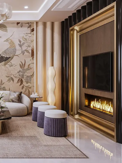 Here, the visualization demonstrates the integration of technology and luxury, with a fireplace and television set within a dramatic frame of gold and fluted black panels. The lighting simulation captures the warm glow of the fire.