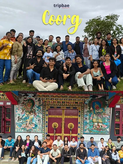 A collage from our Coorg adventure, showing the group at a viewpoint and visiting the famous Namdroling Monastery, also known as the Golden Temple.