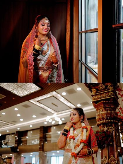 A collage of bridal portraits and ceremony moments, showcasing the bride's elegance and the vibrant atmosphere of the wedding hall.