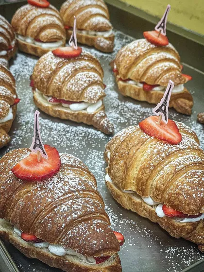 A tray of my strawberry croissants ready for a catering order. They are always a huge hit at parties and events.
