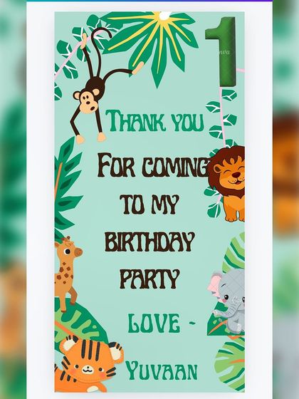 A custom thank you card for Yuvaan's jungle-themed first birthday party.