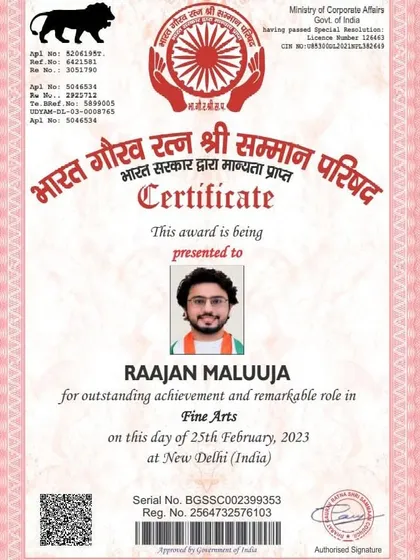 The official certificate for the Bharat Gaurav Ratan Shri Samman, a recognition by the Government of India that I hold very dear.