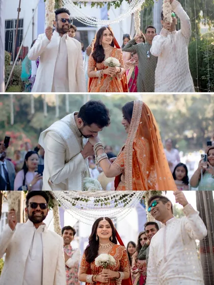 The groom's arrival is a celebration in itself. This collage captures his joyful entrance, the loving kiss he gives his bride's hand, and the happy faces of their loved ones, all telling the story of the day's beginning.