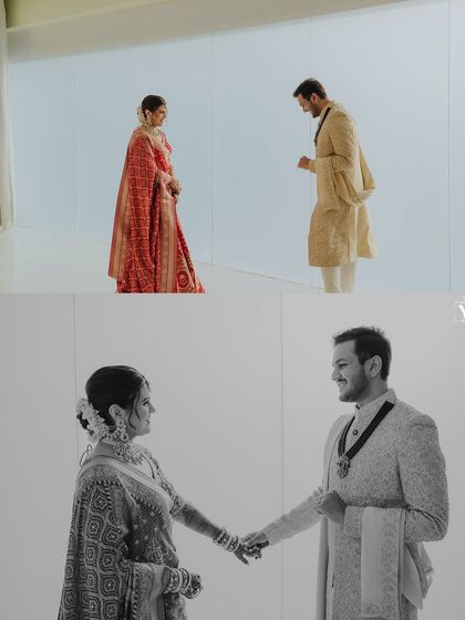 A collage showing a first look against a stark white wall. The sequence captures the anticipation and the tender moment they finally hold hands, with one frame rendered in beautiful monochrome.
