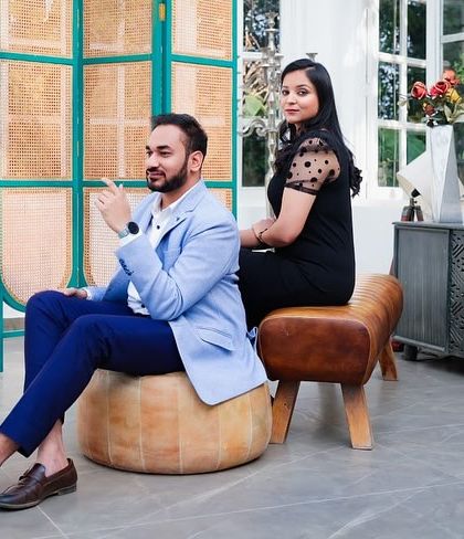 A stylish and modern pre-wedding look. The makeup is chic and sophisticated, perfect for a fashion-forward couple.