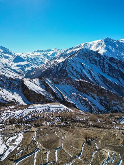 A wide drone shot of the terraced fields and snow-covered mountains of Spiti, capturing the agricultural patterns of the region.