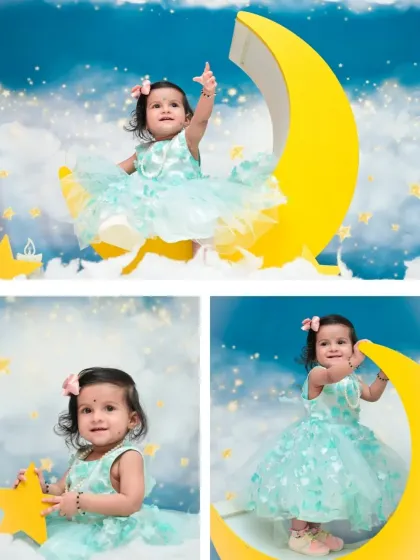 A three-photo collage showcasing the fun of a moon-and-stars themed shoot. It captures the baby in various poses, interacting with the moon and star props with delight.