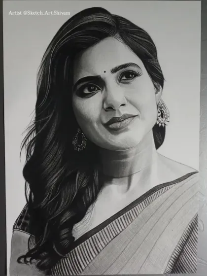The full, finished portrait of Samantha, showcasing the detailed work on her saree and jewelry.