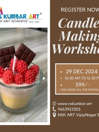Our weekend workshops are perfect for trying something new. This flyer was for our candle making session, a fun, hands-on class where you learn to craft beautiful, scented candles to take home. All materials are always included.