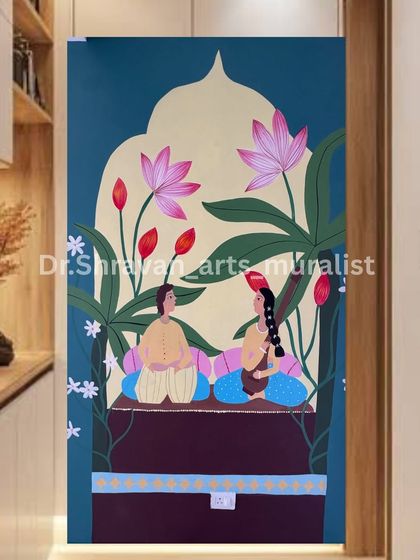 A simple, illustrative painting of a Ghazal scene. This mural captures a quiet moment between two figures, surrounded by lotuses, adding a touch of romance and culture to the wall.