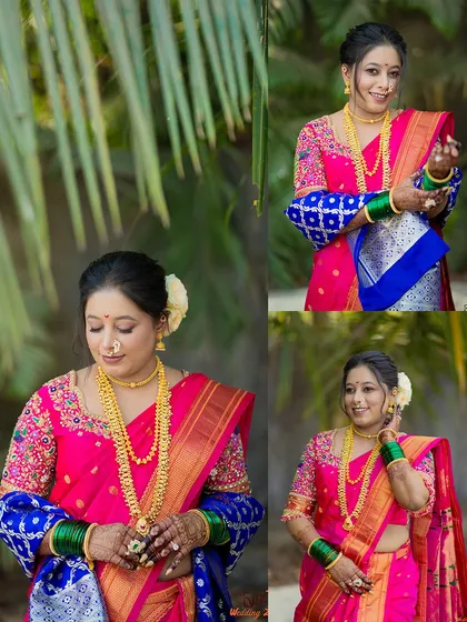 A beautiful collage of a Maharashtrian bride in a bright pink and blue Nauvari saree, capturing her elegance and joy.