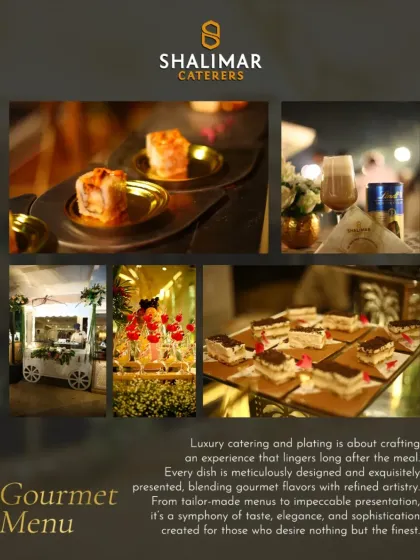 This collage represents our comprehensive gourmet menu and service, from the food carts and drink stations to the elegantly plated appetizers and desserts, all delivered by our expert team.