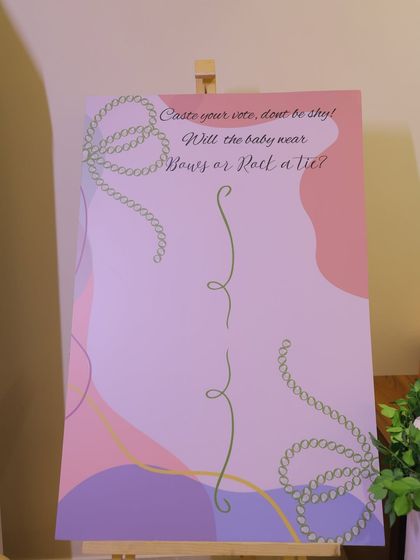 The elegant "Bows or Rock a Tie" voting board, designed with abstract pastel shapes and rope graphics. It's a chic and modern way to involve guests in a gender reveal.