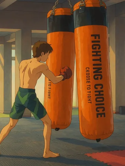 This anime-style artwork shows a fighter working the heavy bag. It represents the solitary grind and dedication required to become a champion.