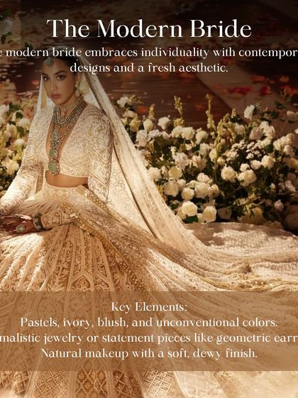 Defining the Modern Bride. She embraces individuality with contemporary designs and a fresh aesthetic. Think pastels, ivories, minimalist jewelry, and a soft, dewy makeup finish.