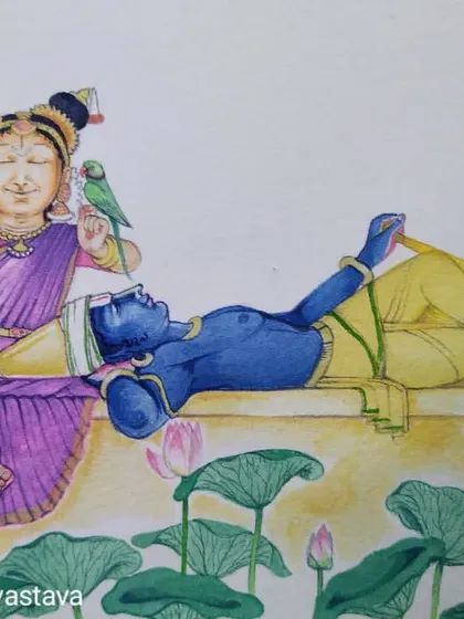 A serene miniature capturing the divine couple, Andal and Rangamannar. This watercolor piece reflects the gentle intimacy and devotion central to Vaishnava traditions, showing the Lord resting in the lap of his beloved devotee in a lotus pond.