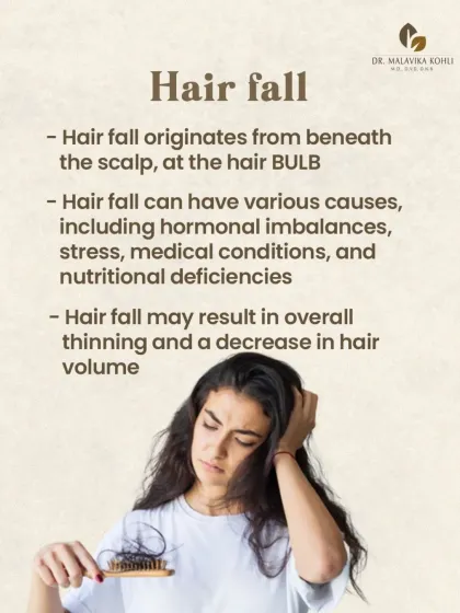 Hair fall, or telogen effluvium, originates from beneath the scalp at the hair bulb. This type of hair loss is systemic and can be triggered by internal factors such as stress, hormonal shifts, medical conditions, or nutritional deficiencies.