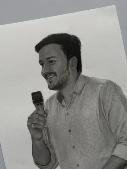 A closer crop of the man-with-microphone sketch, focusing on his expression.
