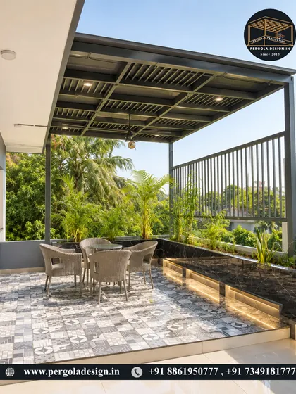 This modern terrace pergola features a unique ceiling design and a stylish privacy screen. It creates a comfortable outdoor dining area that feels like a natural extension of the home, surrounded by lush greenery.