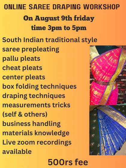 A flyer for an August workshop that breaks down the pleating process into pallu, cheat, and center pleats.