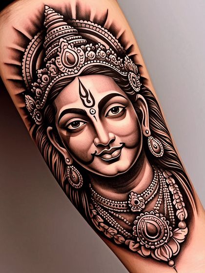 A beautiful portrait design of a goddess, perfect for a forearm or bicep tattoo. The intricate details in the crown and jewelry showcase the high level of artistry we offer.