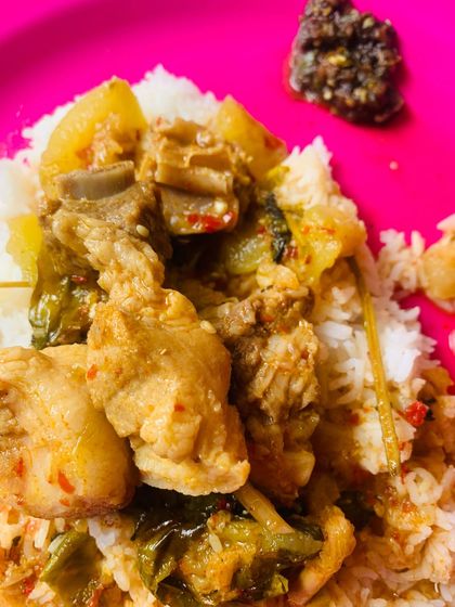 A close up of the pork and bottle gourd thali. You can see the tender pieces of pork and the soft gourd in the light, flavorful gravy.