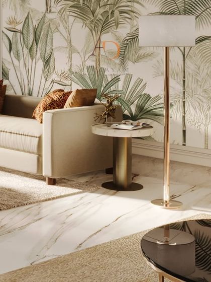 A detail shot focusing on the textures of the living room, from the marble floor and woven rug to the elegant floor lamp and decor.