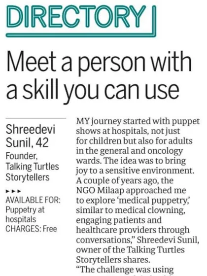 A feature in Sunday Midday about my work in medical puppetry. The goal is to use puppets to explain health topics in a gentle way or simply to bring joy to a stressful environment. Every drop in the ocean counts.
