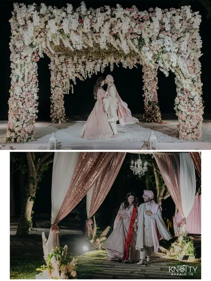Romantic moments under the floral mandap and a quiet walk together after the ceremony. These photos from the Thailand wedding capture both the public celebration and the private connection between the couple.