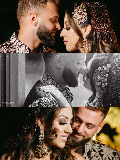 A mix of color and black-and-white close-ups, this collage highlights the emotional intimacy and stolen kisses between the couple during their London wedding.