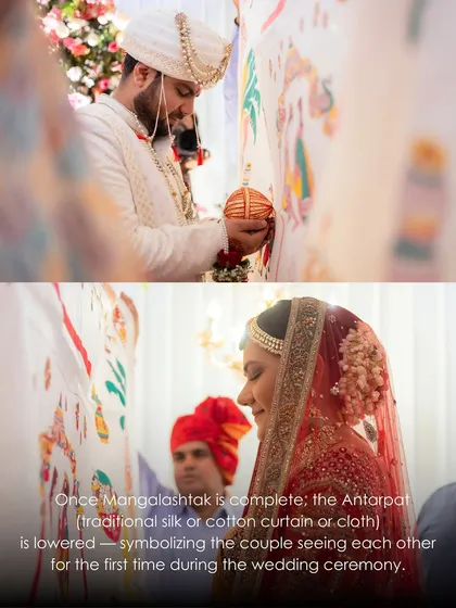 The moment the Antarpat is lowered, symbolizing the couple seeing each other for the first time during the ceremony. We help capture the purity of these traditional wedding rituals.