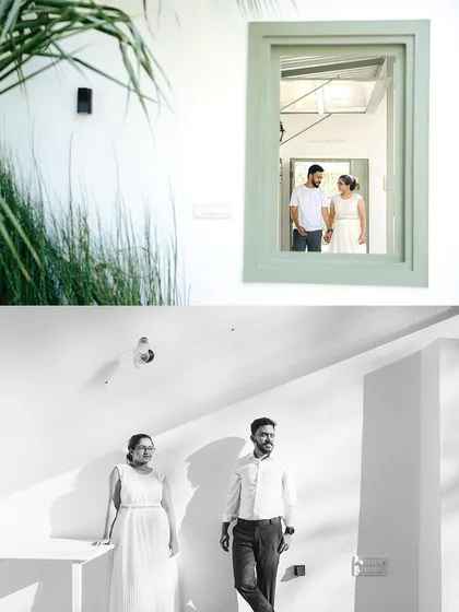 A creative indoor collage, using a window frame and simple white walls to create artistic and modern pre-wedding portraits.