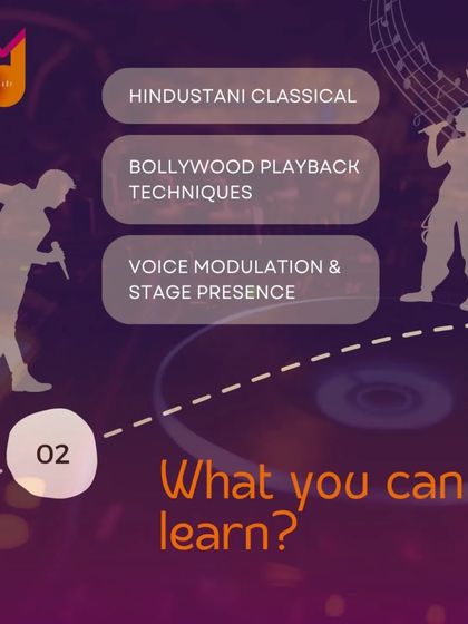 This graphic details what you can learn at the academy. We cover Hindustani Classical, Bollywood playback techniques, and essential skills like voice modulation and stage presence.
