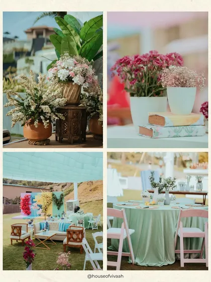 A collage capturing the overall vibe of the Haldi lunch, from the pastel seating areas and colorful floral wall to the detailed tablescapes.