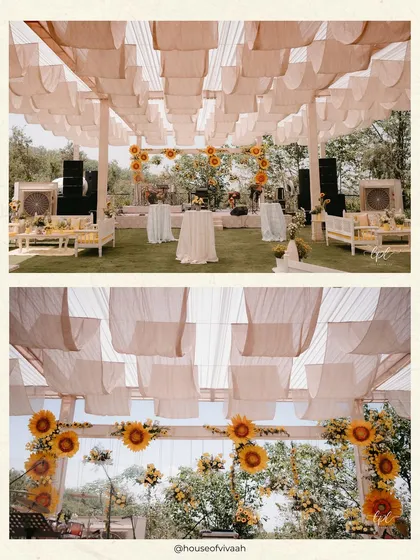 A split view of the Haldi venue, showing the overhead canopy of draped fabric and the sunflower-adorned stage, capturing the event's bright and sunny aesthetic.