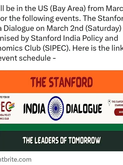 An announcement for my US tour in the Bay Area, highlighting my session at the Stanford India Dialogue. These events are part of a concentrated effort to engage with key academic and community centers.