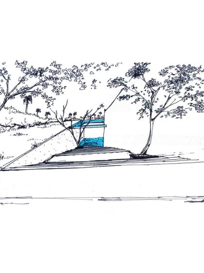 A concept sketch for the Hamam at K-Lagoon. The drawing explores the subterranean nature of the space and its connection to the sky through circular openings, inspired by traditional Indian stepwells.