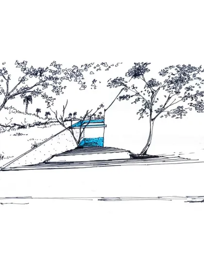 A concept sketch for the Hamam at K-Lagoon. The drawing explores the subterranean nature of the space and its connection to the sky through circular openings, inspired by traditional Indian stepwells.