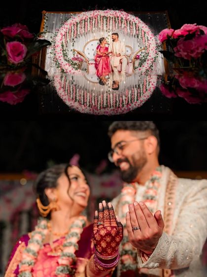 A creative collage from an engagement ceremony, showing a wide shot of the stunning floral stage decor and a close up of the couple showing off their rings.