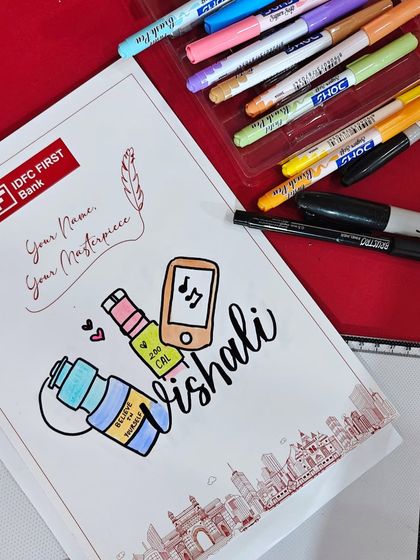 A personalized piece for "Vishali," featuring items that represent a modern, active lifestyle, created live at the Tata Mumbai Marathon expo.