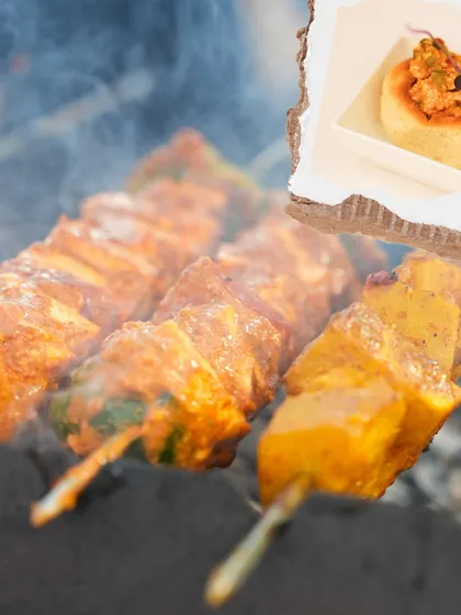 A collage showing our smoky BBQ paneer skewers, a popular starter that's always a hit at our live counters.