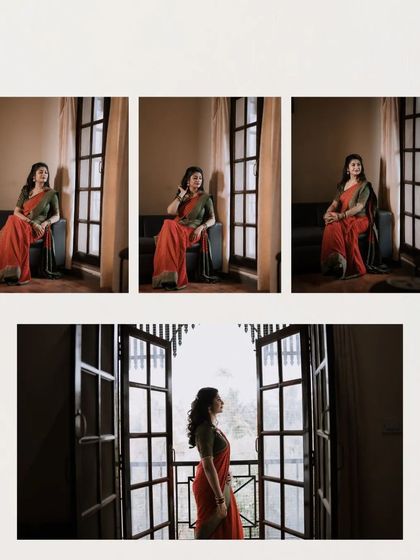 A collage of the bride posing by a window. The different shots capture her from various angles, showcasing her beautiful saree and the lovely natural light.