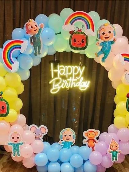 A full Cocomelon-themed balloon ring for a kid's birthday party. I use character cutouts and a bright, happy color palette to bring the theme to life.