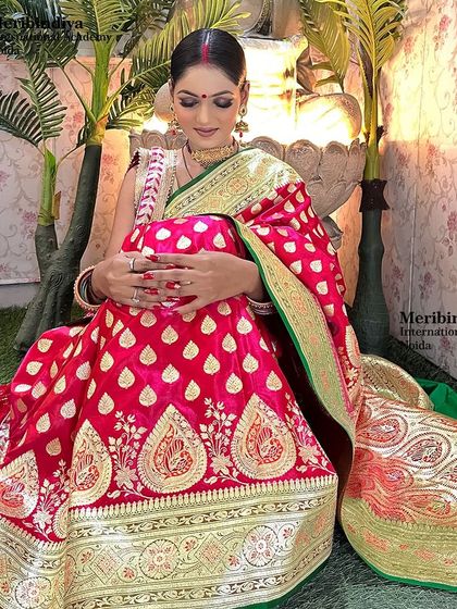 An elegant pose showcasing the beautiful saree and soft, festive makeup, perfect for celebrating Karwa Chauth.