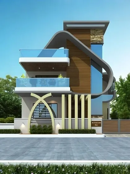 We love creating bold architectural statements. This design features a sweeping, curved facade that wraps around the upper floor, contrasted with natural wood and stone textures. The glass railings on the dual balconies ensure unobstructed views and a feeling of openness.