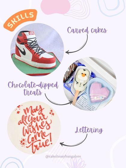 This graphic highlights some of our key skills: creating carved 3D cakes, intricate lettering on cakes, and a variety of chocolate-dipped treats like cakesicles.