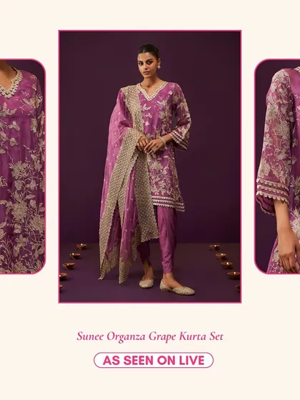 A closer look at the Sunee Organza Grape Kurta Set, showing the detailed embroidery on the sleeves and the matching dhoti pants.